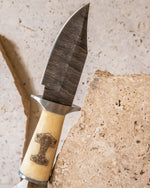 DAMASCUS STEEL BONE HANDLED KNIFE & LEATHER SHEATH