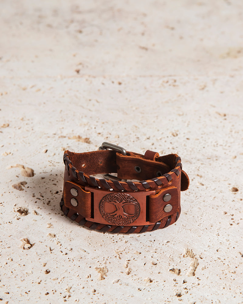 LEATHER CUFF WITH YGGDRASIL PLATE