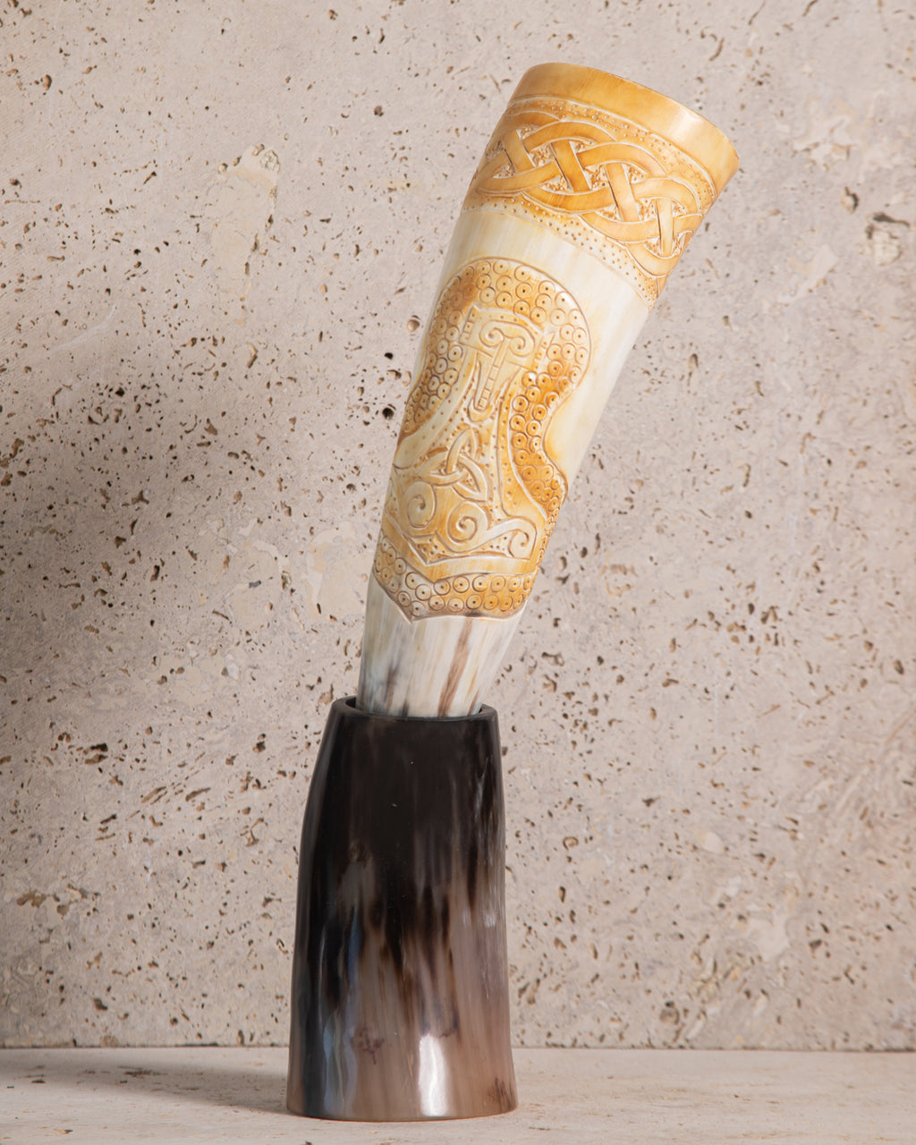 HAND CARVED DRINKING HORN & STAND - MJØLNER