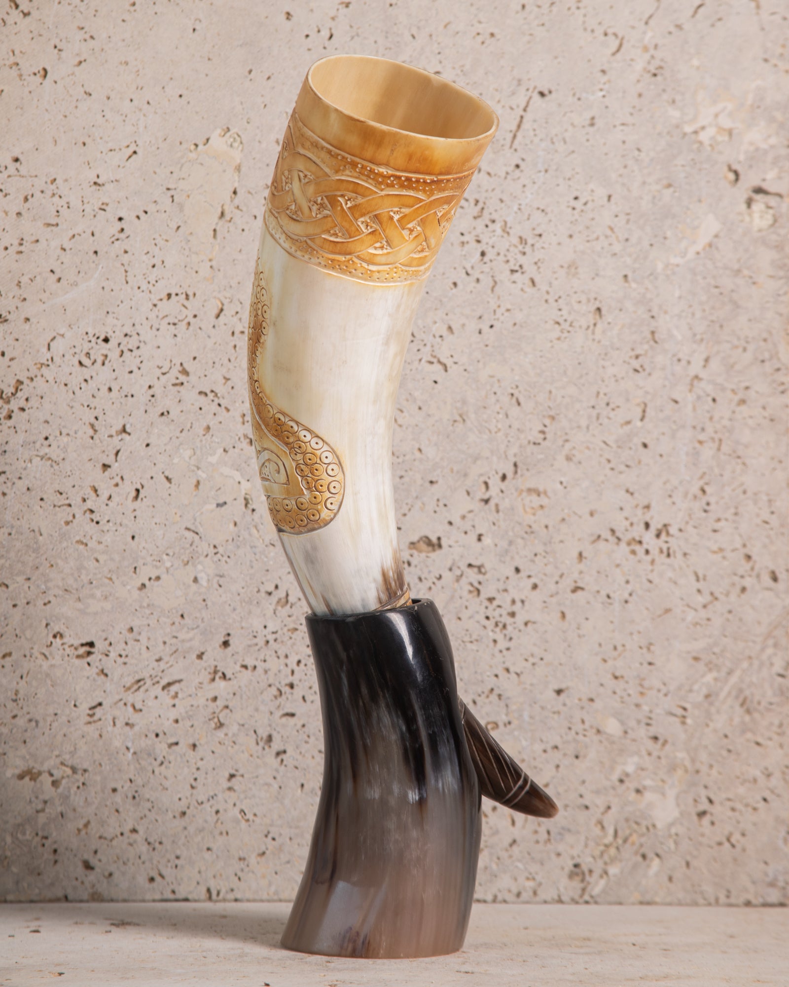 HAND CARVED DRINKING HORN & STAND - MJØLNER