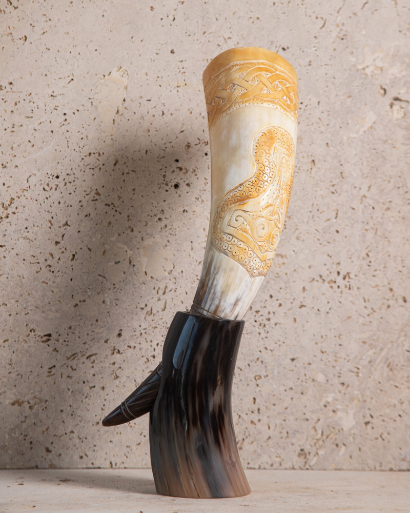 HAND CARVED DRINKING HORN & STAND - MJØLNER