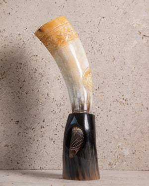 HAND CARVED DRINKING HORN & STAND - MJØLNER