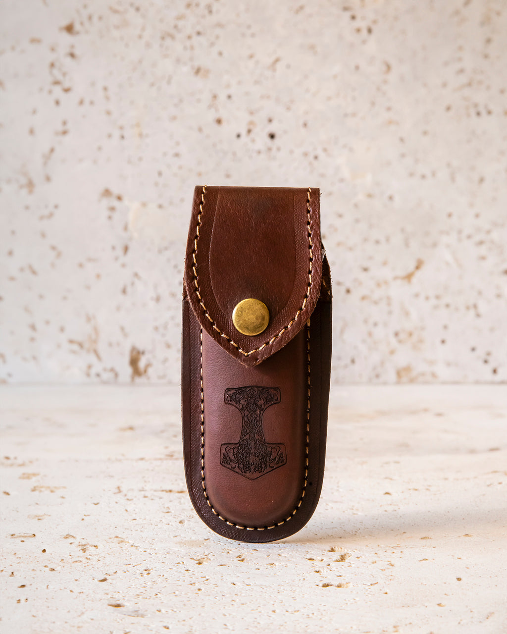 DAMASCUS STEEL GOLD FOLDING KNIFE & LEATHER SHEATH