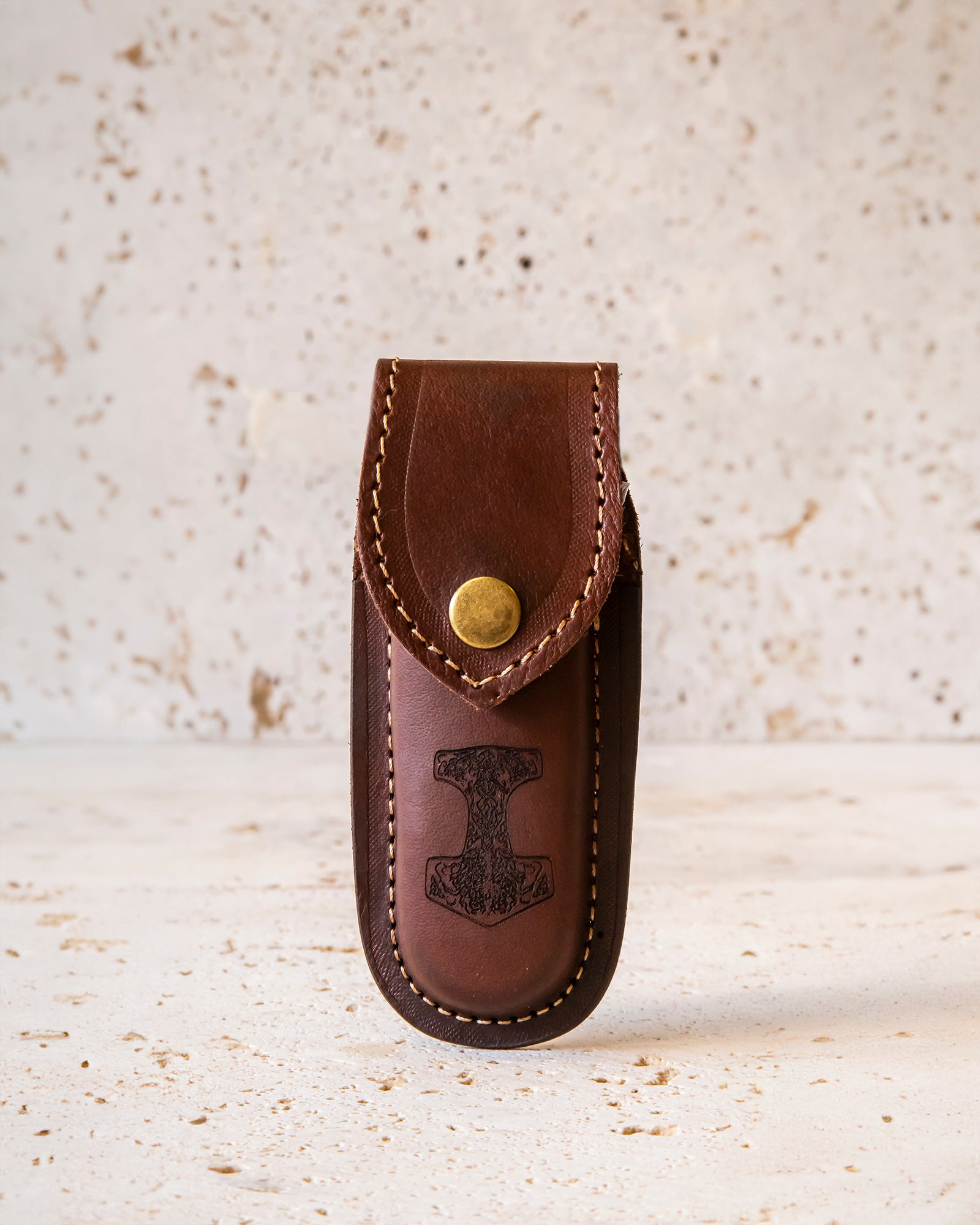 DAMASCUS STEEL GOLD FOLDING KNIFE & LEATHER SHEATH