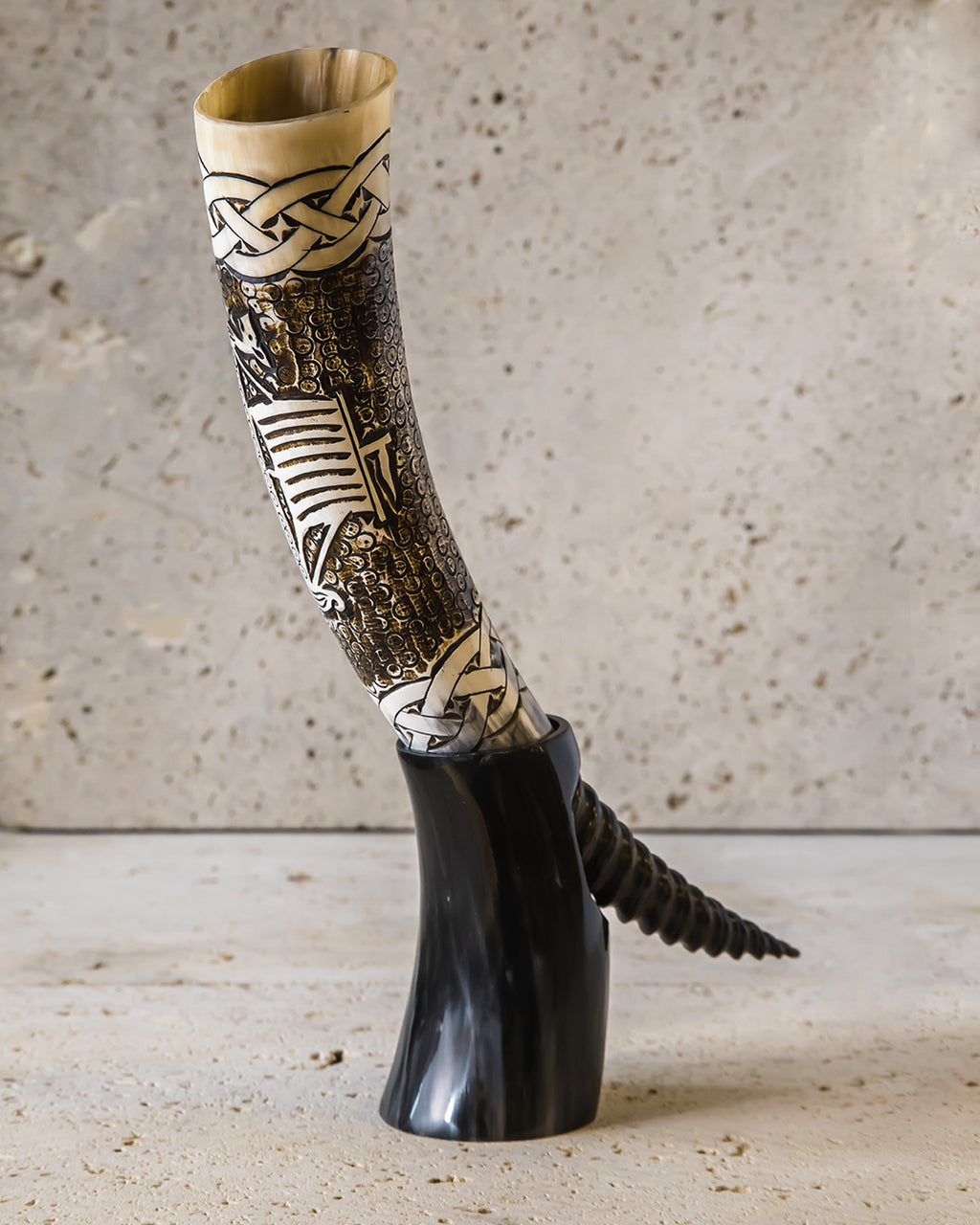 HAND CARVED DRINKING HORN & STAND - DREKI