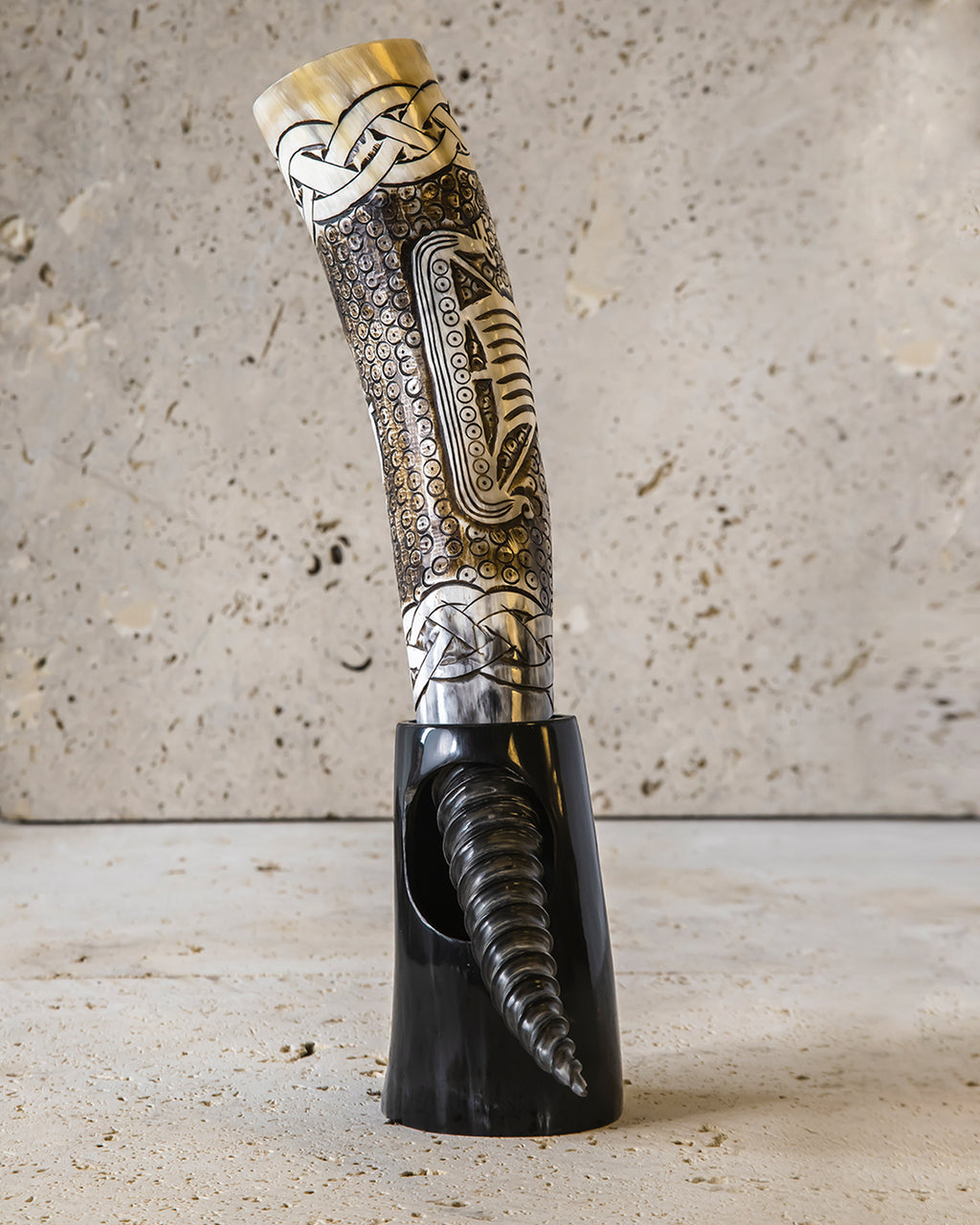 HAND CARVED DRINKING HORN & STAND - DREKI