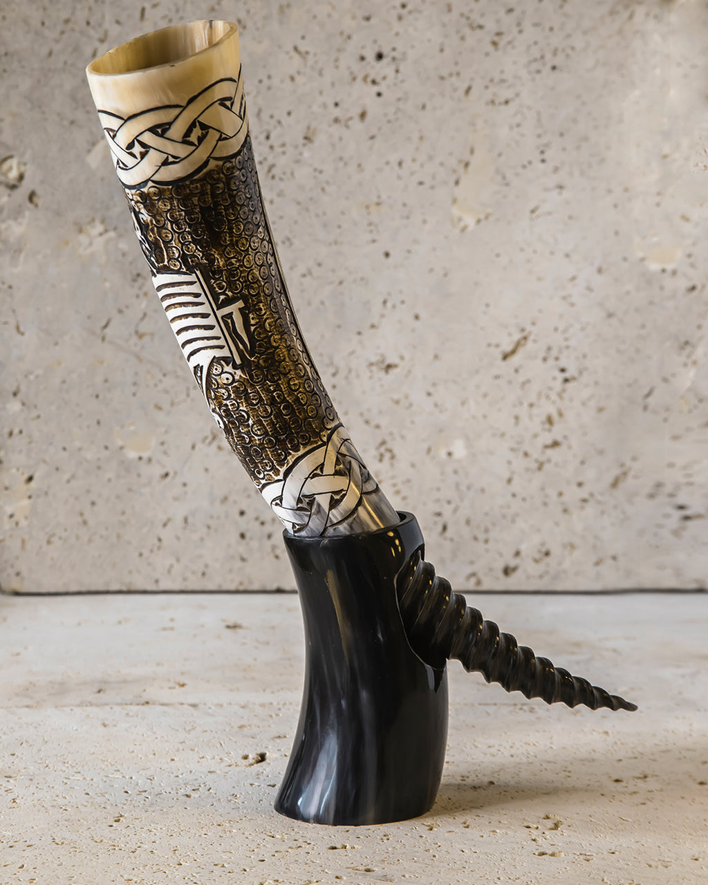 HAND CARVED DRINKING HORN & STAND - DREKI