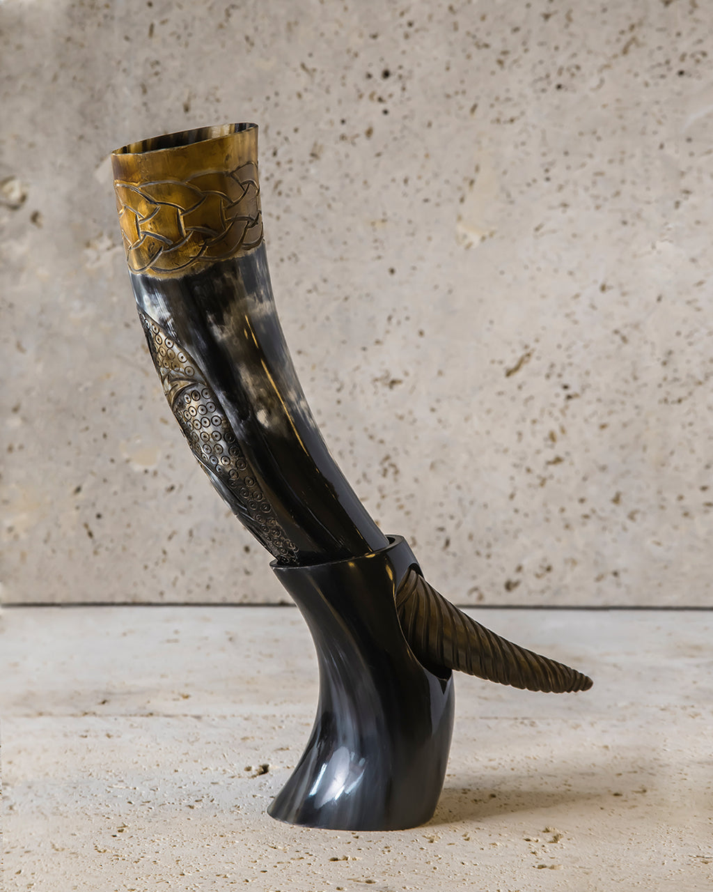 HAND-CARVED DRINKING HORN - ODIN'S RAVENS