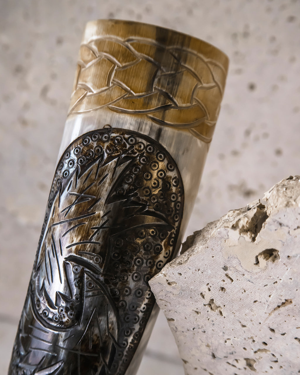 HAND-CARVED DRINKING HORN - ODIN'S RAVENS