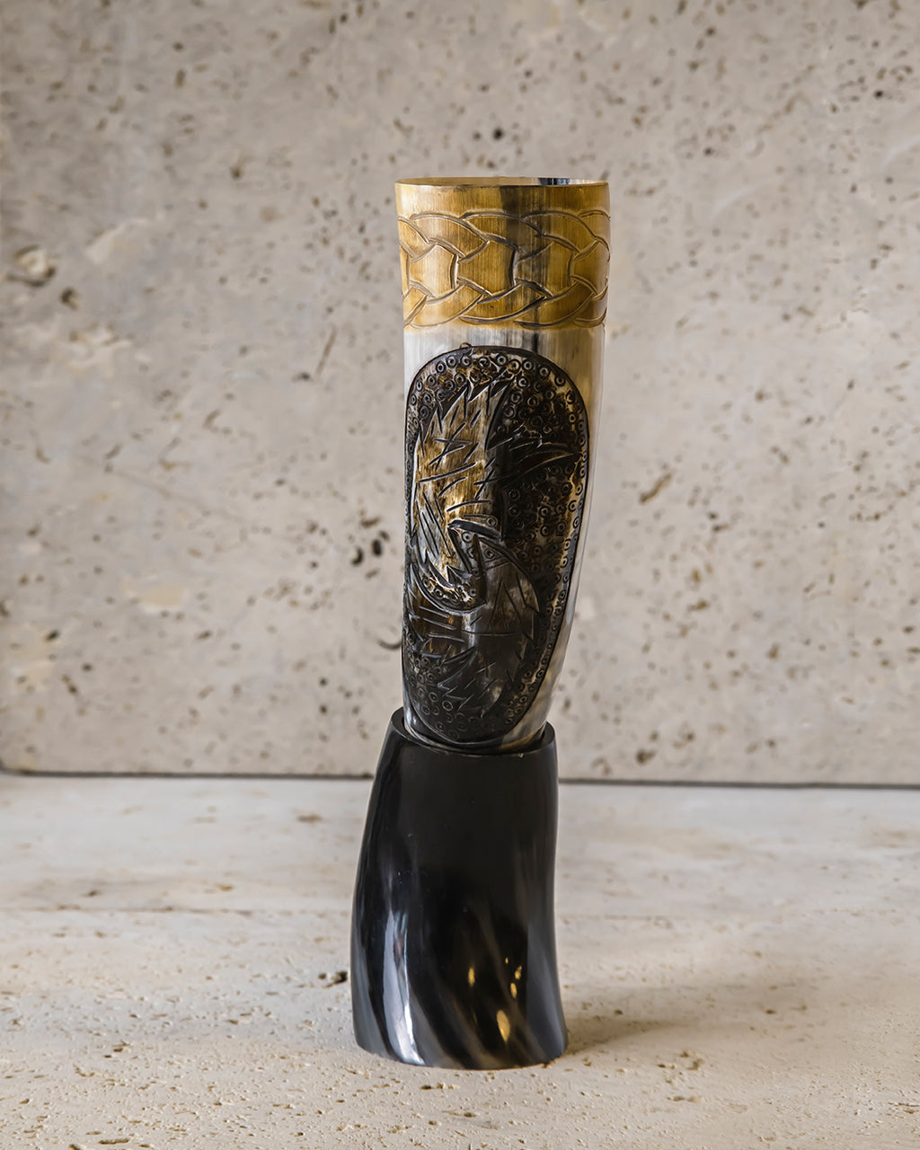 HAND-CARVED DRINKING HORN - ODIN'S RAVENS