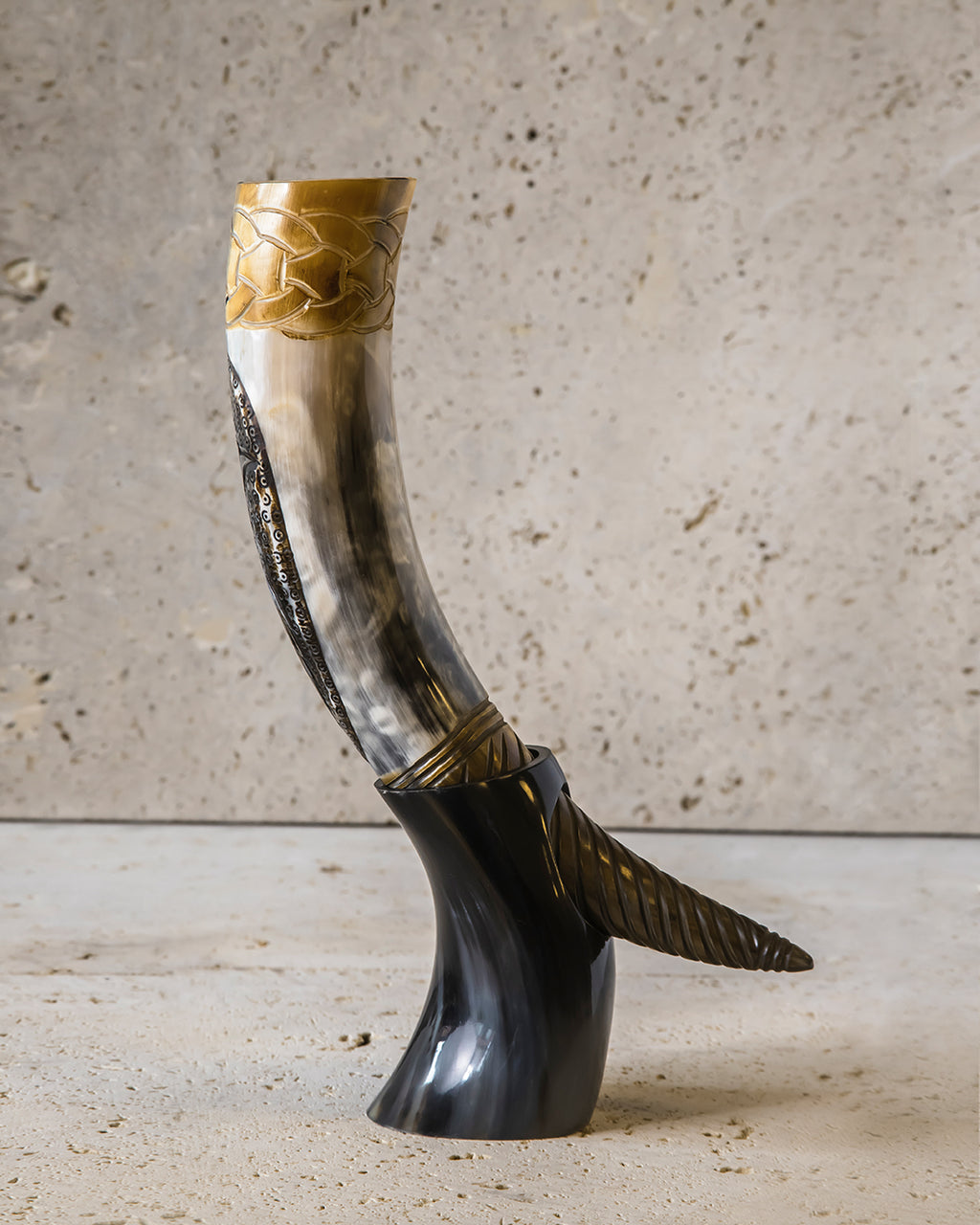 HAND-CARVED DRINKING HORN - ODIN'S RAVENS
