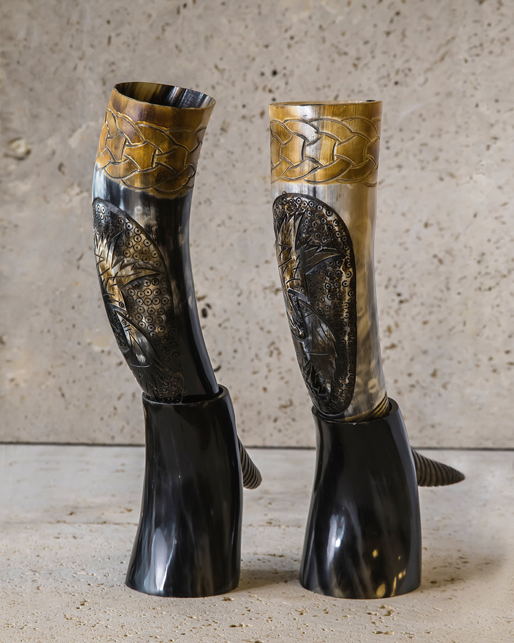 HAND-CARVED DRINKING HORN - ODIN'S RAVENS
