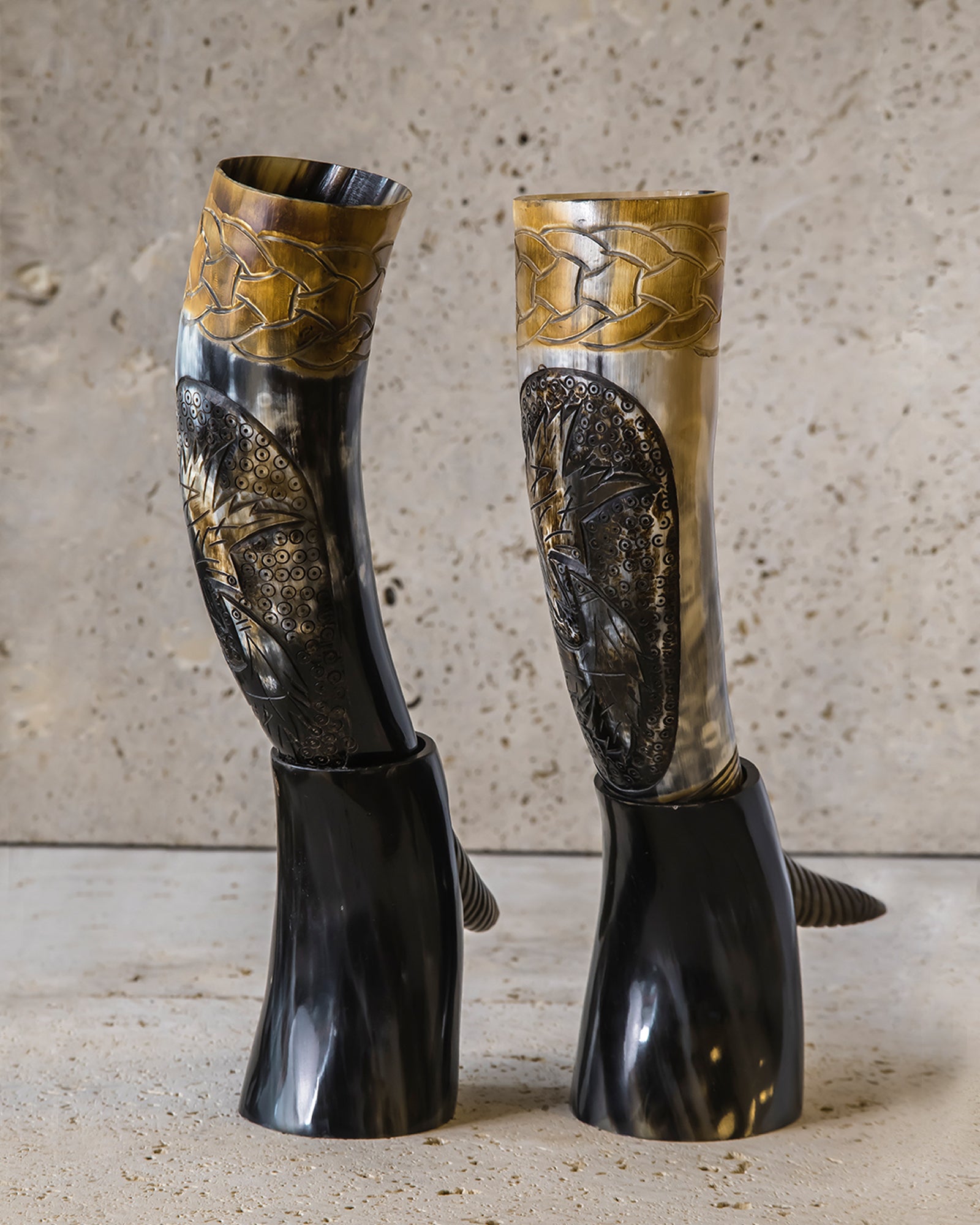 HAND-CARVED DRINKING HORN - ODIN'S RAVENS